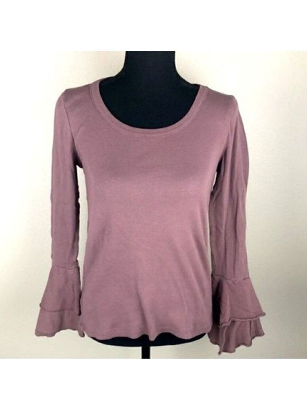Chaser Mauve Double Ruffle Bell Sleeve Cotton Top Long Sleeve S